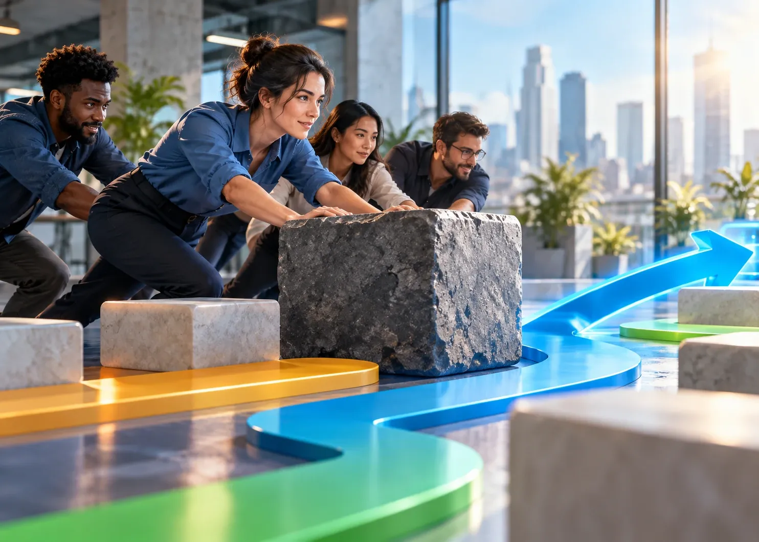 A team clearing a bottleneck in a shared workflow