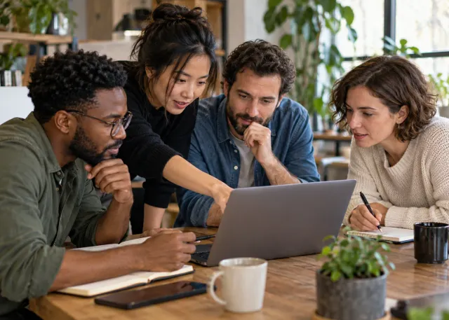 A small, diverse team tries a new AI-assisted work routine together, discussing and checking the result at a shared table.