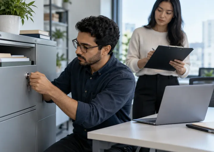 A small business owner locks a physical customer-record cabinet and limits access on a blank laptop while a colleague checks the privacy procedure; focus on protecting real customer information.