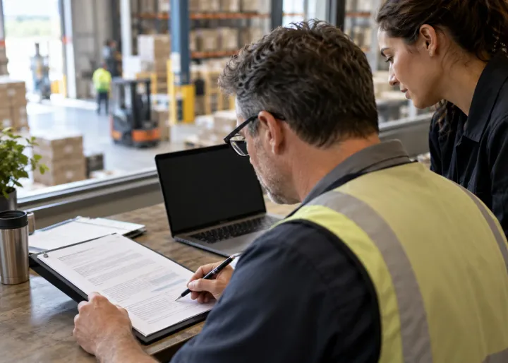 A manager reviews and signs off an AI-assisted draft beside a colleague before any customer communication leaves the office.