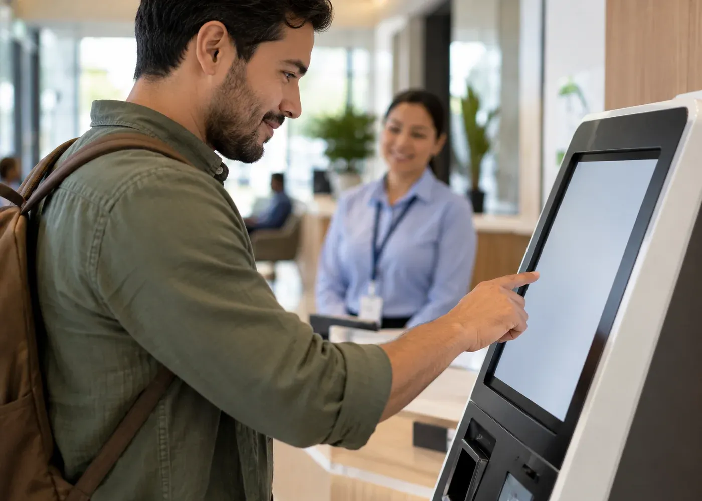 A customer independently completes a simple request at an accessible self-service kiosk in a service center while a staff member remains available in the background; show autonomy, not a team meeting.