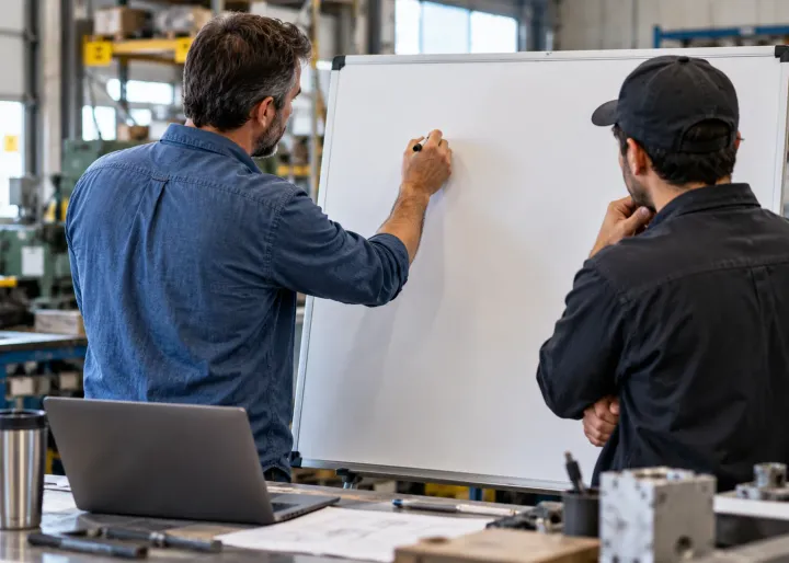 A business owner and one colleague define a small first AI experiment using a blank planning board and sample work.