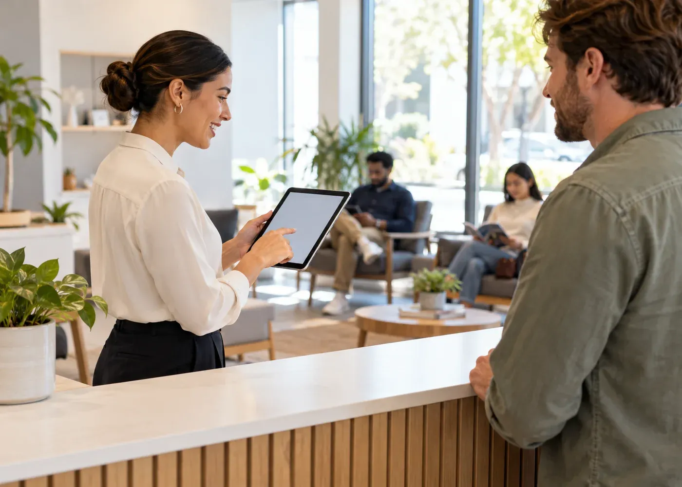A receptionist coordinates real customer appointments and a waiting area using a blank tablet, keeping guests informed.
