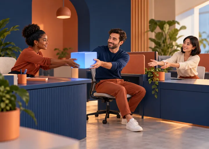 Three colleagues passing a blue work parcel between connected office workstations