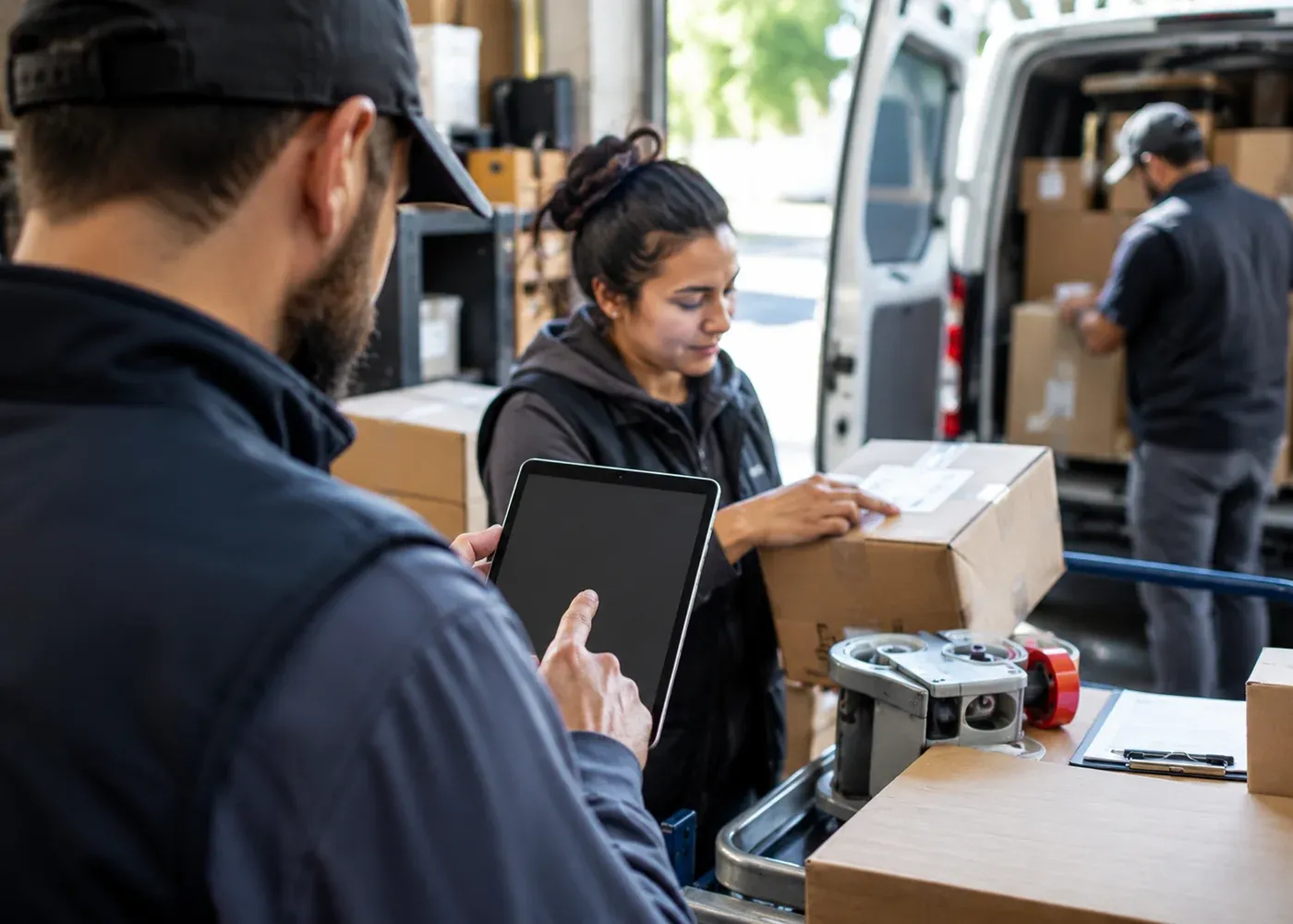 A small fulfilment team checks a package and coordinates its delivery, keeping a customer informed through a blank device.