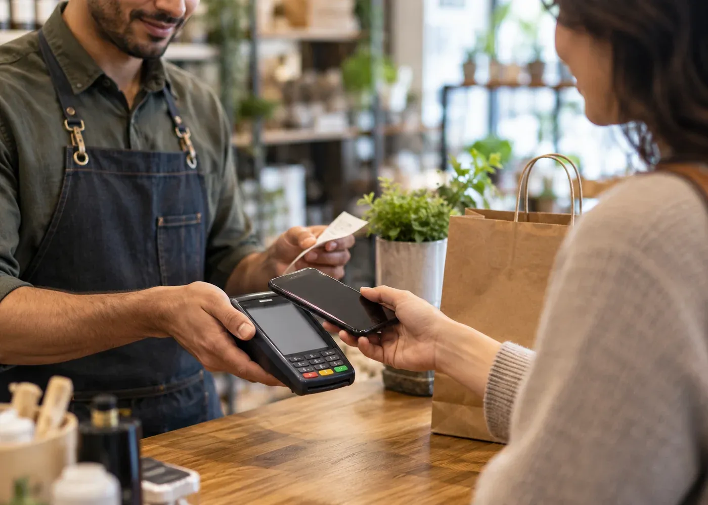 A customer completes a contactless payment at a shop counter while the employee shows the amount on a blank card terminal and offers a receipt.