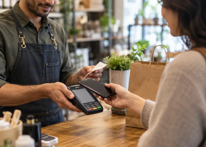A customer completes a contactless payment at a shop counter while the employee shows the amount on a blank card terminal and offers a receipt.