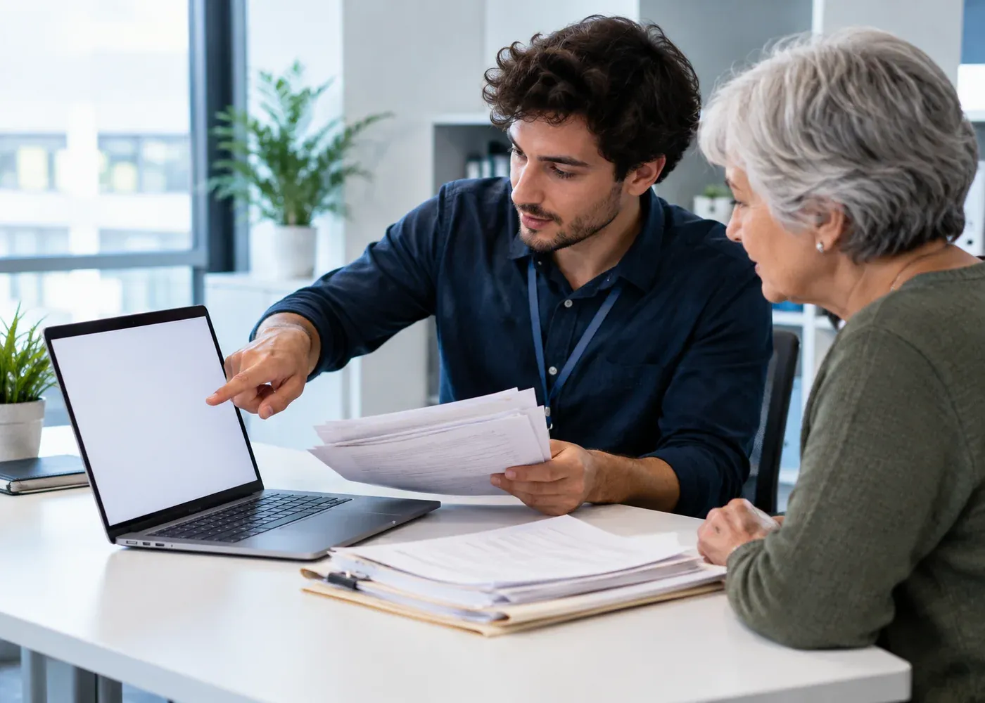 A service provider helps a customer move a formerly paper-based task onto a simple blank digital screen.