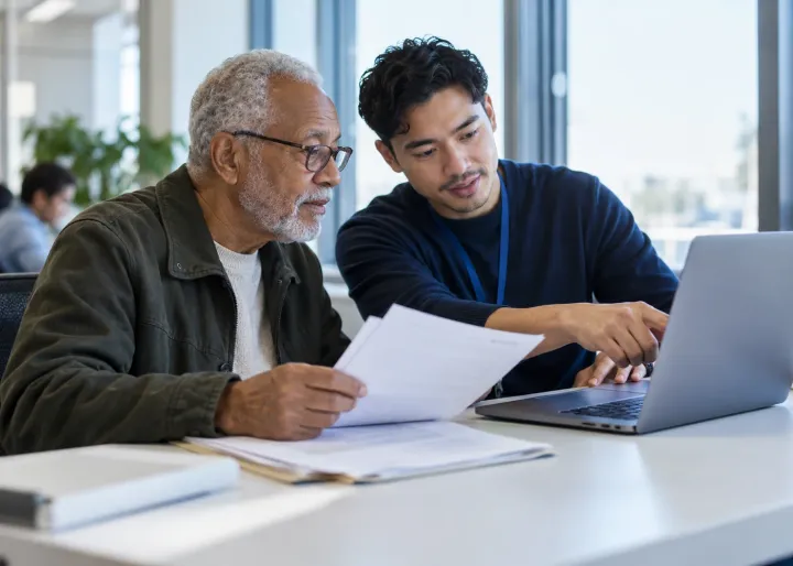 A service provider helps a customer move a formerly paper-based task onto a simple blank digital screen.