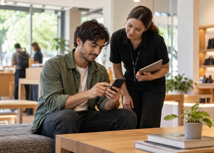 A customer completes a simple online task on a blank phone while a business employee observes where help may be needed.