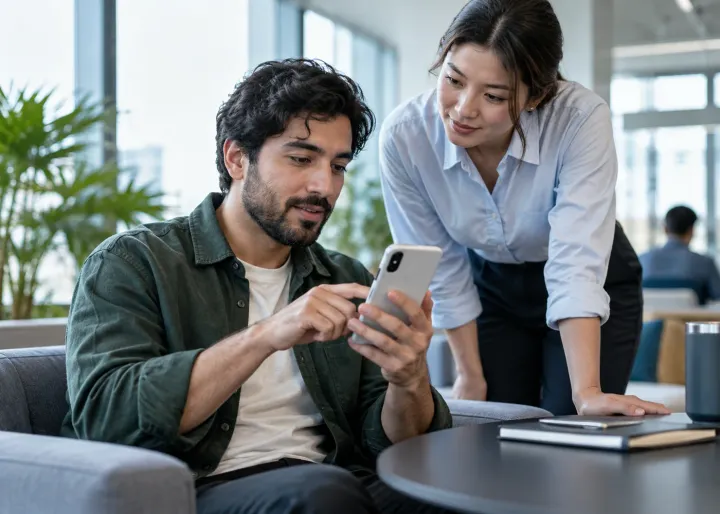 A customer completes a simple online task on a blank phone while a business employee observes where help may be needed.