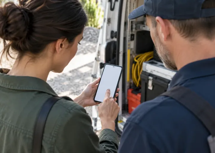 A customer completes a simple online task on a blank phone while a business employee observes where help may be needed.