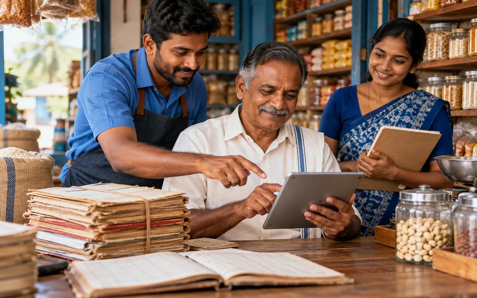 A traditional shop owner and staff moving from paper records to a simple tablet