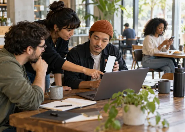 A product team studies a prototype on a blank phone and laptop, comparing it with a customer using the service nearby.