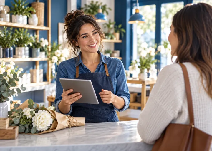 A service business manager reviewing workflow costs while greeting a customer