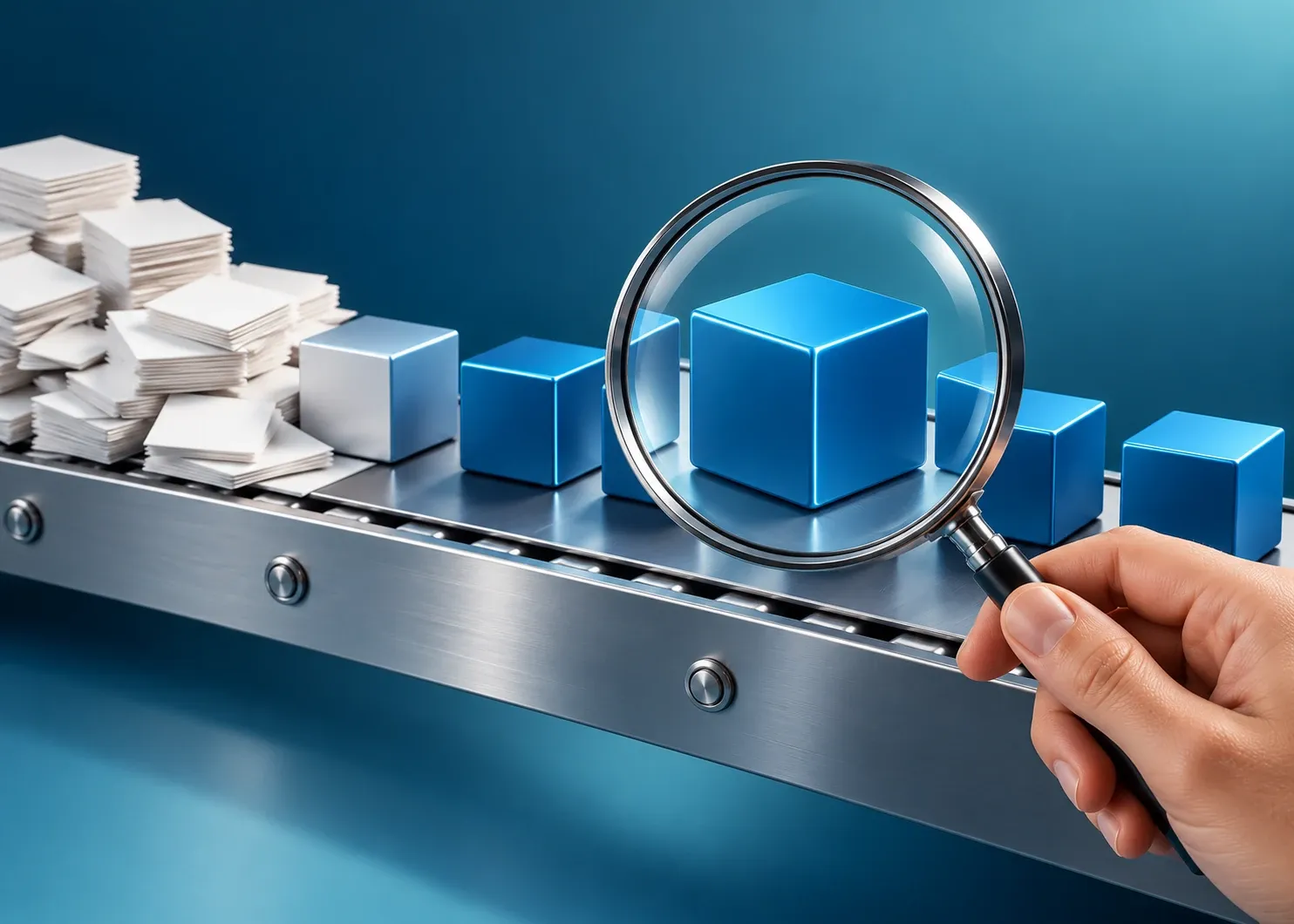 A human hand inspecting a precise blue cube as blank paper records move through a quality station