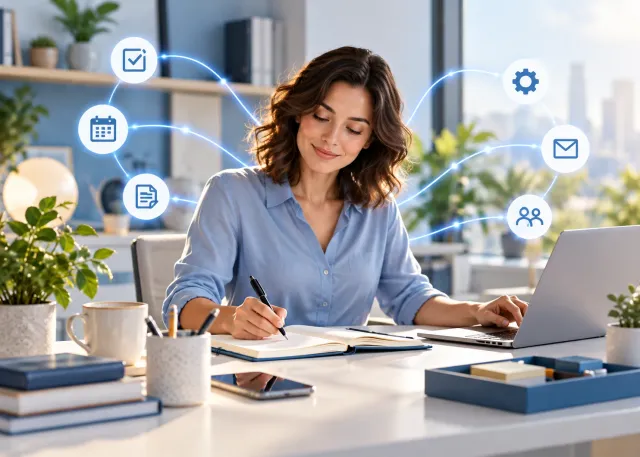 An office worker organizing routine tasks with calm visual automation cues