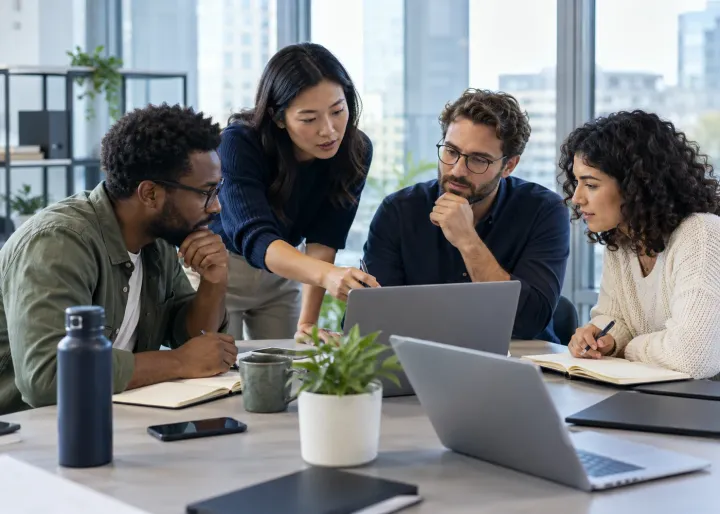 A small, diverse team tries a new AI-assisted work routine together, discussing and checking the result at a shared table.