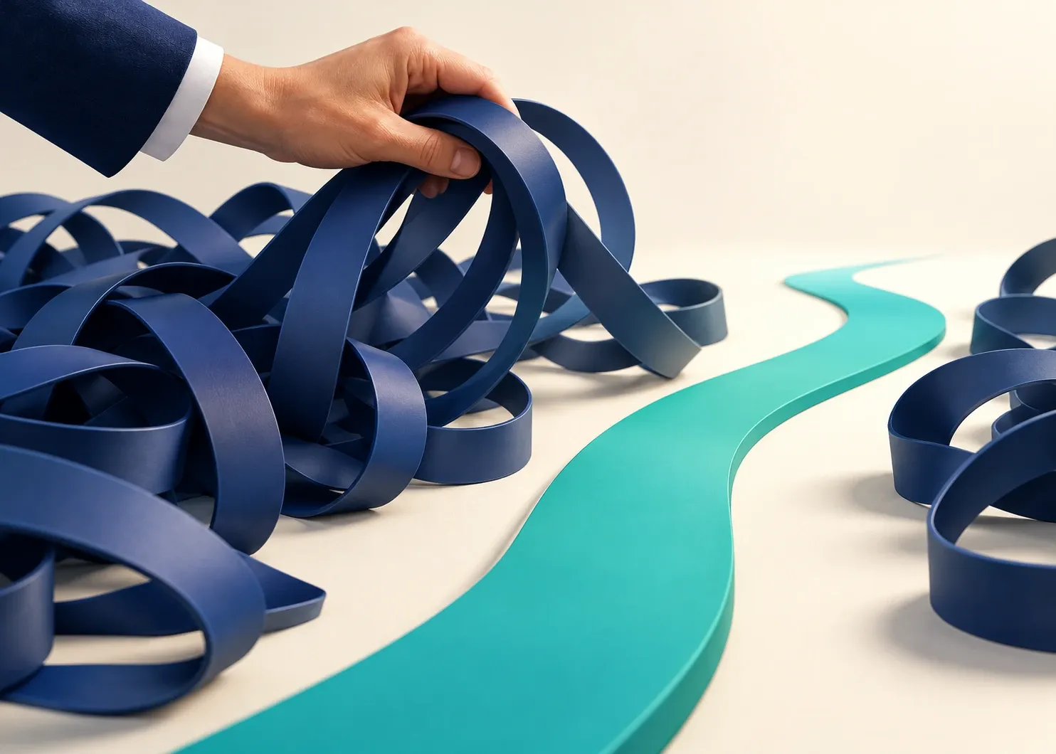 A hand lifting tangled indigo process loops beside a short clear teal pathway