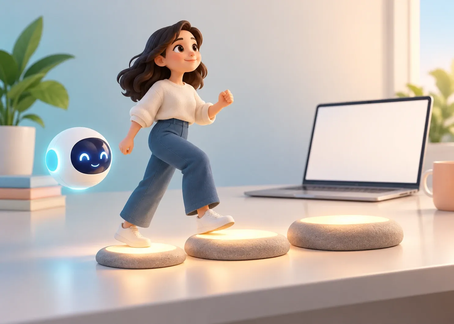 A beginner taking a small illuminated step beside a friendly AI orb and a laptop with a blank screen