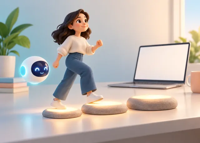 A beginner taking a small illuminated step beside a friendly AI orb and a laptop with a blank screen