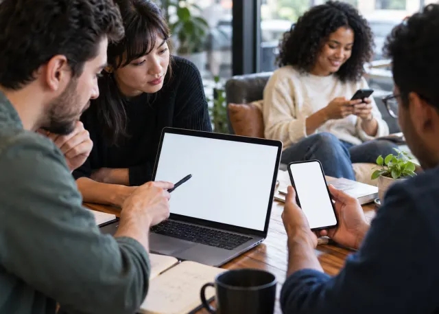 A product team studies a prototype on a blank phone and laptop, comparing it with a customer using the service nearby.