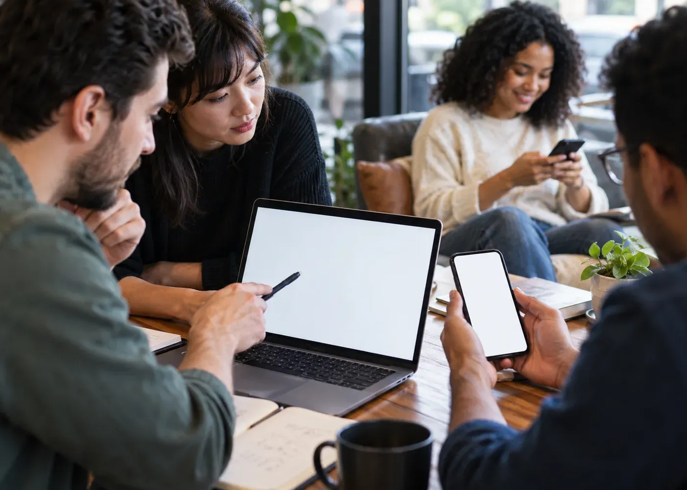 A product team studies a prototype on a blank phone and laptop, comparing it with a customer using the service nearby.