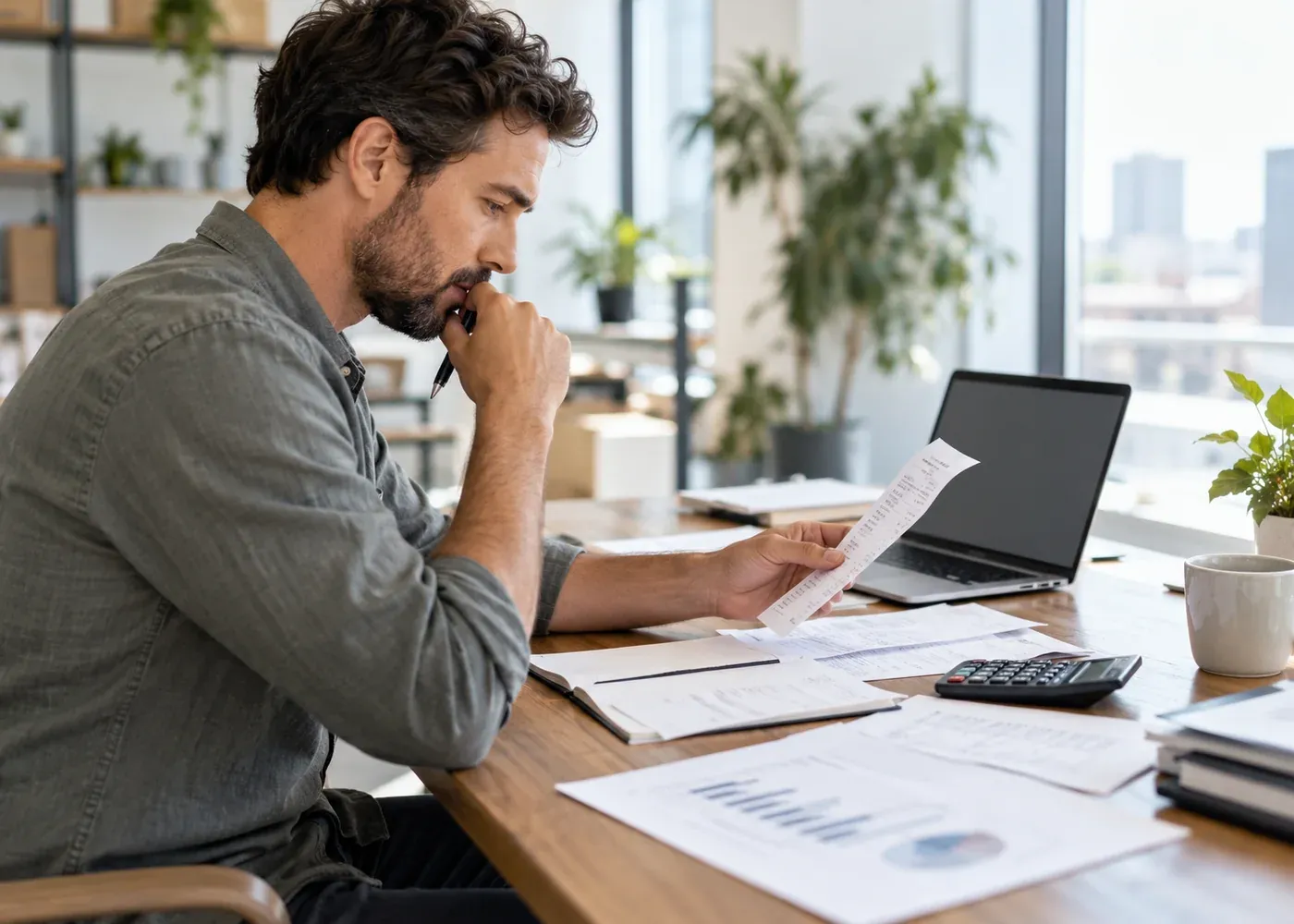 An owner reviews real receipts, invoices, and an unlabelled financial chart to understand costs and next decisions.
