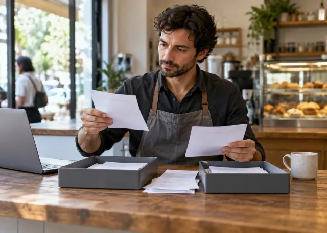 Close-up of a small business owner testing an AI-assisted draft against a small, numbered-free stack of real customer requests, sorting useful and incorrect samples into two unlabelled trays before deciding whether to pay for more.