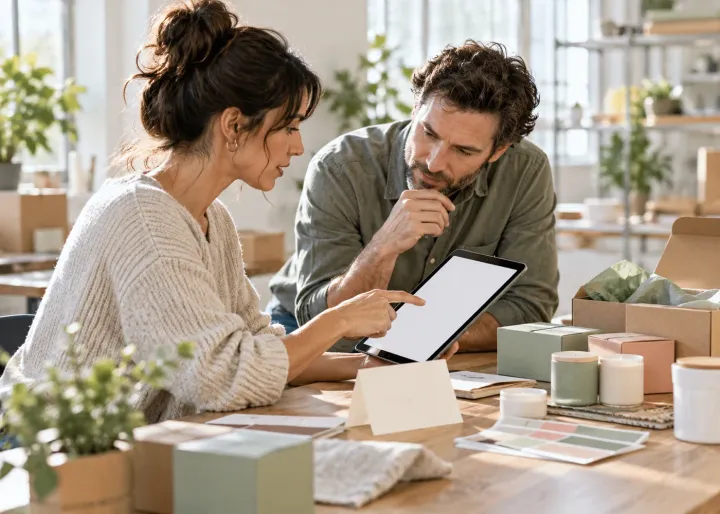 A small brand owner compares a draft customer message on a blank tablet with the tangible products, packaging colors, and tone of a handwritten note, discussing it with a colleague; no visible writing.