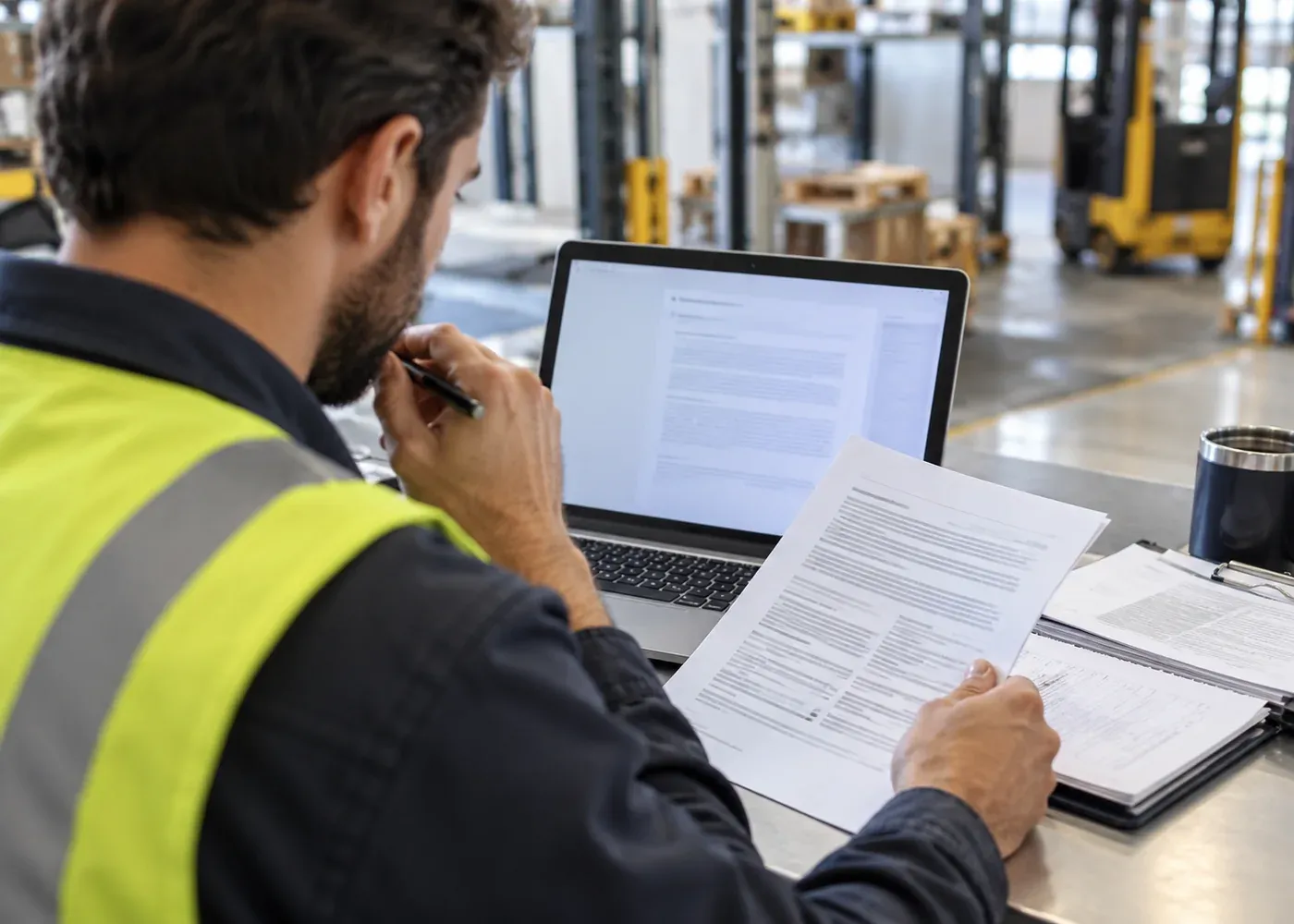 A careful employee reviews an AI-assisted draft against source documents before sharing a customer-facing answer; human responsibility is visibly central.