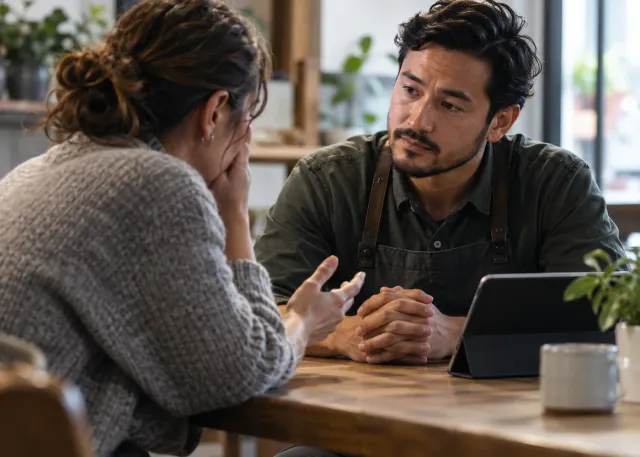 A customer with a sensitive concern speaks directly to a real service employee who has set the tablet aside and is listening attentively; show the human handover, not a computer-focused meeting.
