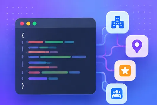 A JSON code editor connected to icons for an organization, location, reviews and people