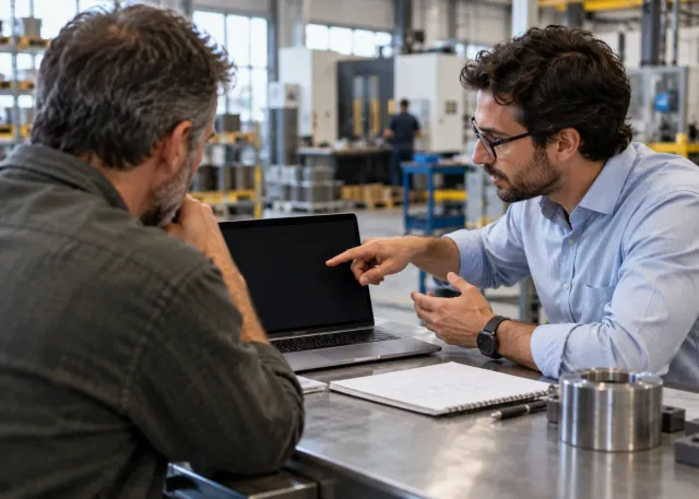 A business owner interviews a technology adviser across a table using a real sample workflow and asks for a demonstration on a blank laptop.
