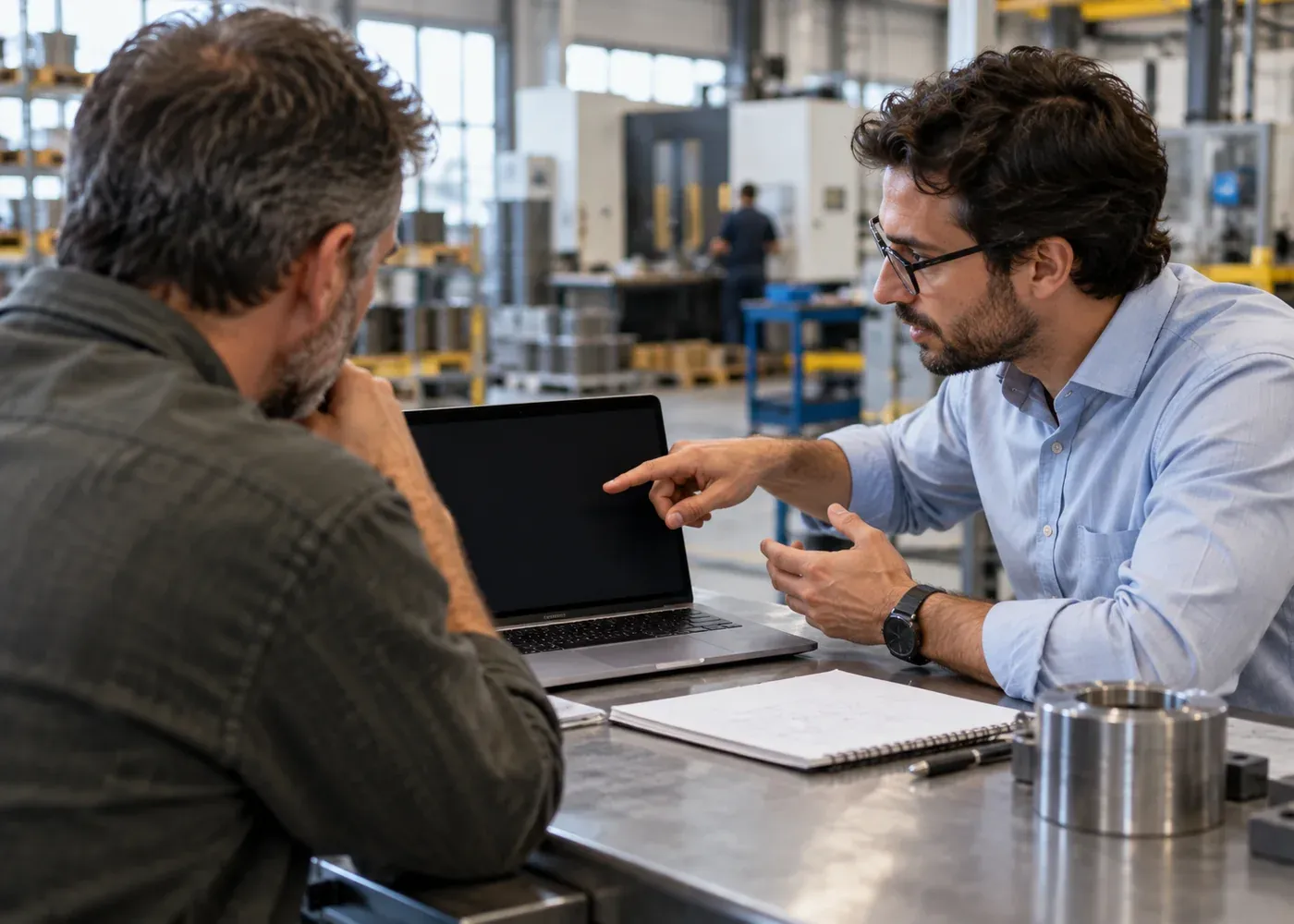 A business owner interviews a technology adviser across a table using a real sample workflow and asks for a demonstration on a blank laptop.