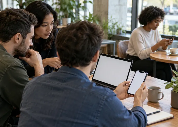 A product team studies a prototype on a blank phone and laptop, comparing it with a customer using the service nearby.