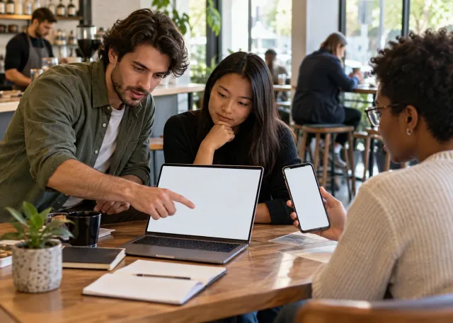 A product team studies a prototype on a blank phone and laptop, comparing it with a customer using the service nearby.