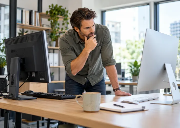 A business owner compares two practical computer setups in a real office, reviewing how each fits the team work.