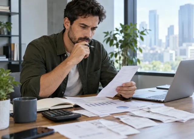 An owner reviews real receipts, invoices, and an unlabelled financial chart to understand costs and next decisions.
