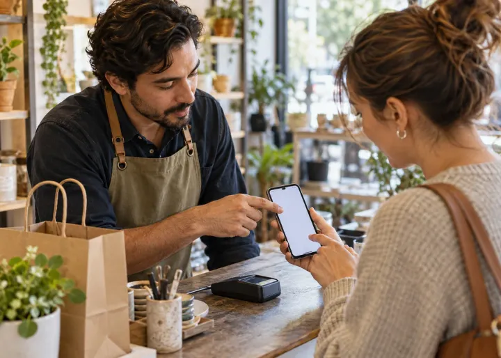 A shop owner and customer test a mobile checkout, removing one confusing step from a simple blank phone prototype.