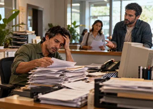 A busy office worker struggles with a stack of duplicate paper requests beside an old computer and missed-call phone, while a colleague waits for the same information; visible friction and delays.