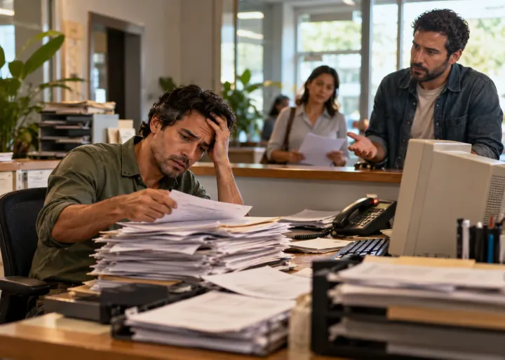 A busy office worker struggles with a stack of duplicate paper requests beside an old computer and missed-call phone, while a colleague waits for the same information; visible friction and delays.