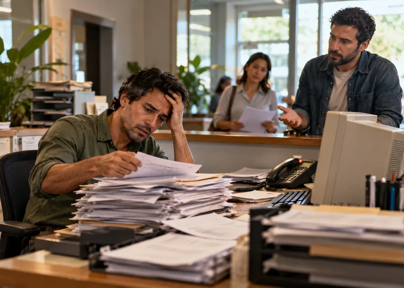 A busy office worker struggles with a stack of duplicate paper requests beside an old computer and missed-call phone, while a colleague waits for the same information; visible friction and delays.