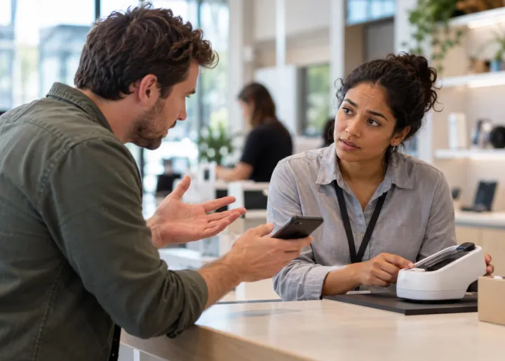 A business employee listens to a customer describe a problem, with a prototype or service touchpoint between them.