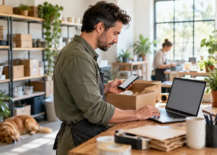 A busy owner uses an AI assistant to draft a routine appointment reminder, then checks and sends it while preparing a customer order.