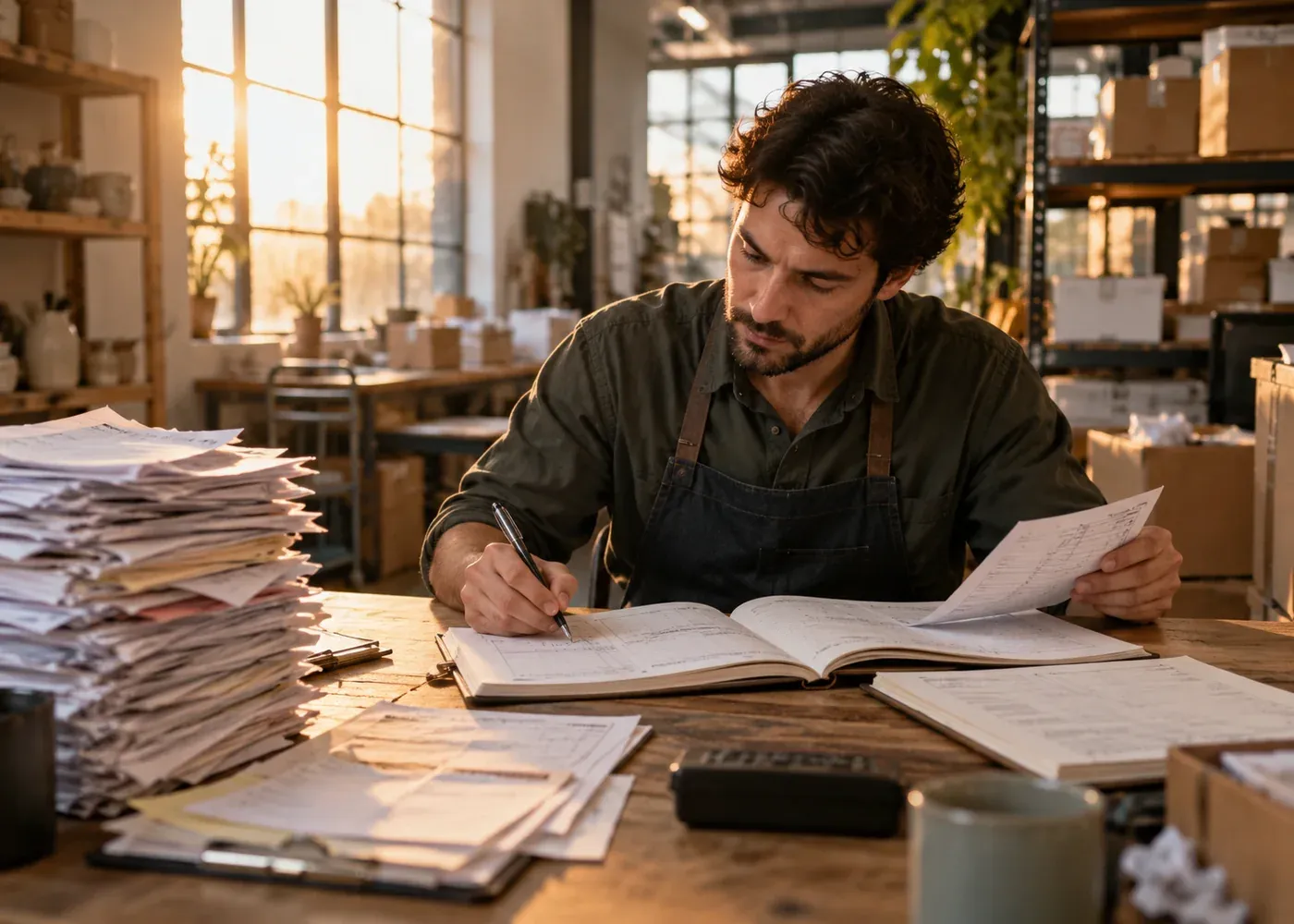 An employee spends a late afternoon re-entering the same paper order into two separate ledgers beside an overflowing stack of forms.