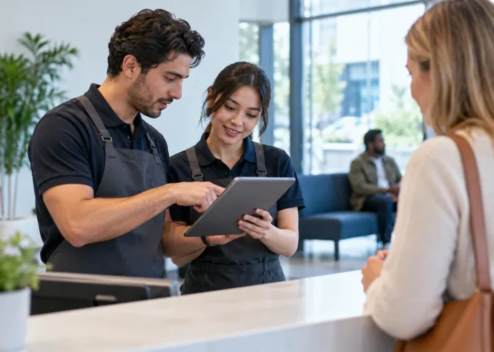 Two service employees find a customer record quickly on a shared blank tablet and use the recovered time to help a waiting customer.