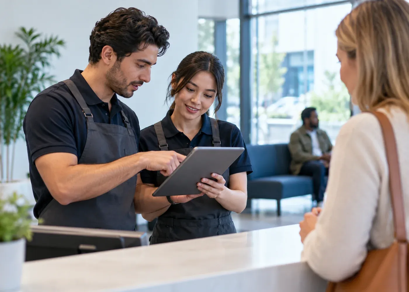 Two service employees find a customer record quickly on a shared blank tablet and use the recovered time to help a waiting customer.