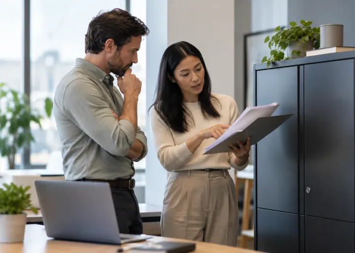 A business owner reviews a customer consent form with a colleague beside a closed records cabinet and blank laptop, deciding what information should be kept private; no legible documents.