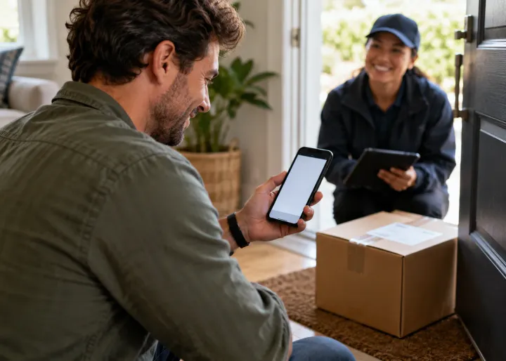 A customer at home uses a phone to check an order and receives a clear human follow-up while a parcel waits by the door.